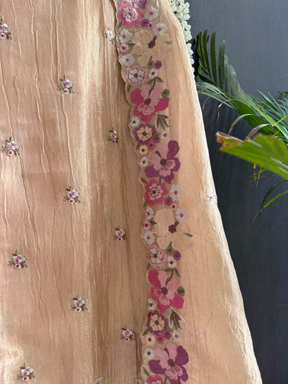 Luxurious Mul chanderi appliqué work floral suit