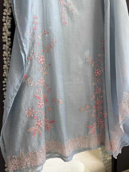 Luxurious Mul chanderi threadwork floral schiffili suit