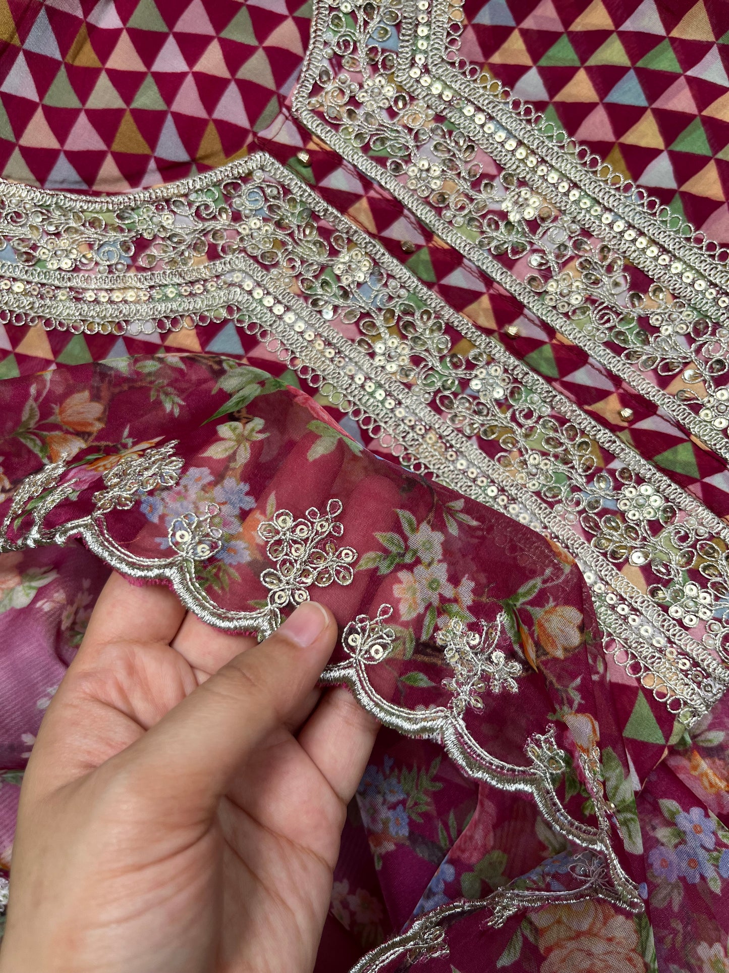 Aari work pearlwork organza suits