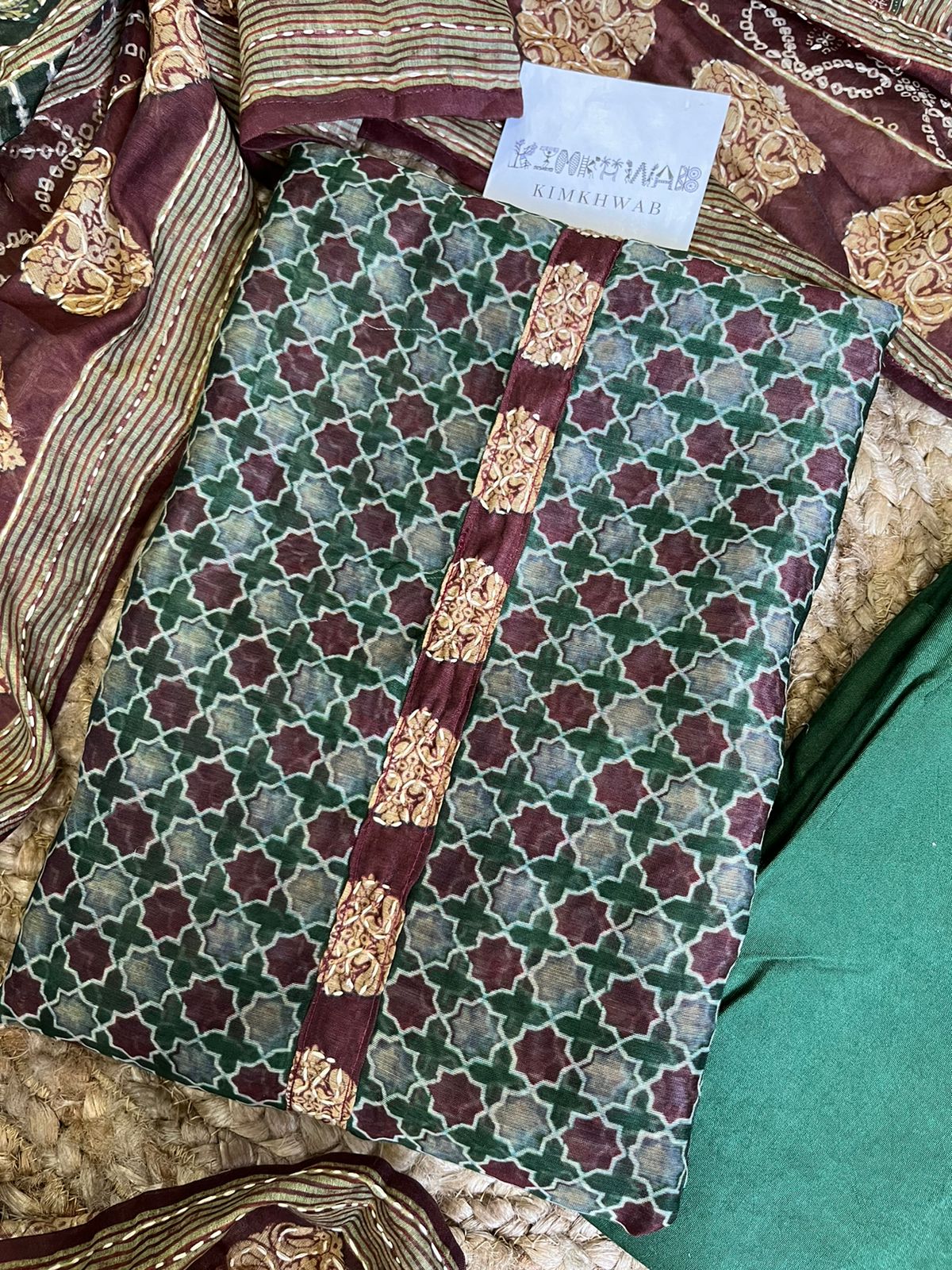 Maheshwari Kantha work Ajrakh Unstitched suit
