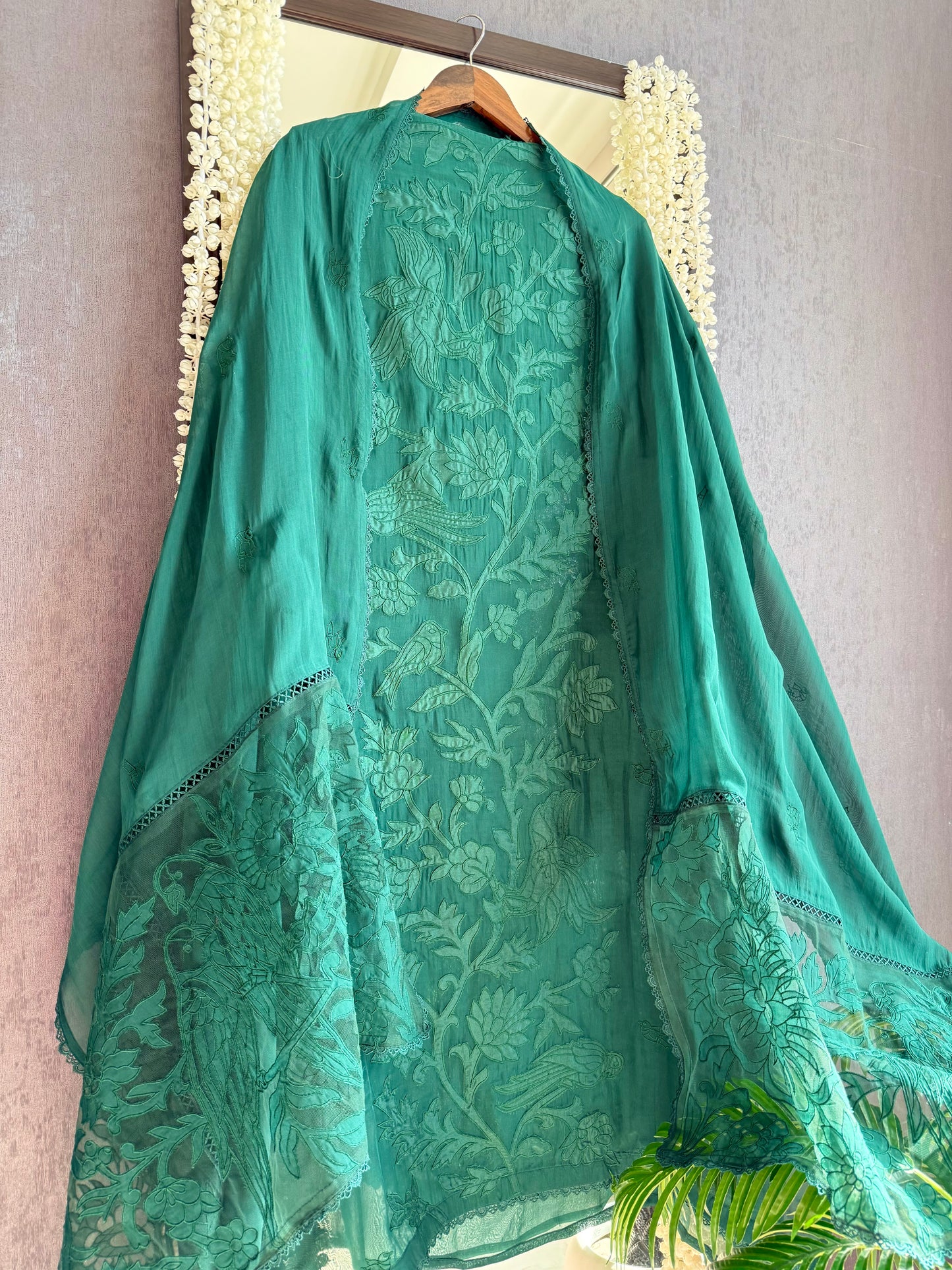 Luxurious organza appliqué work birds suit