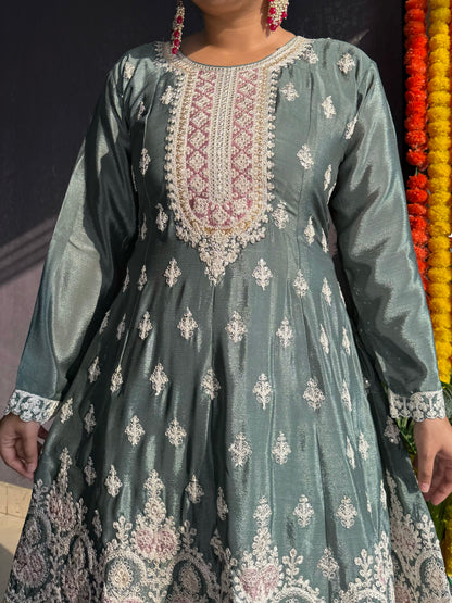 Chinon embroidered Anarkali Sharara suit