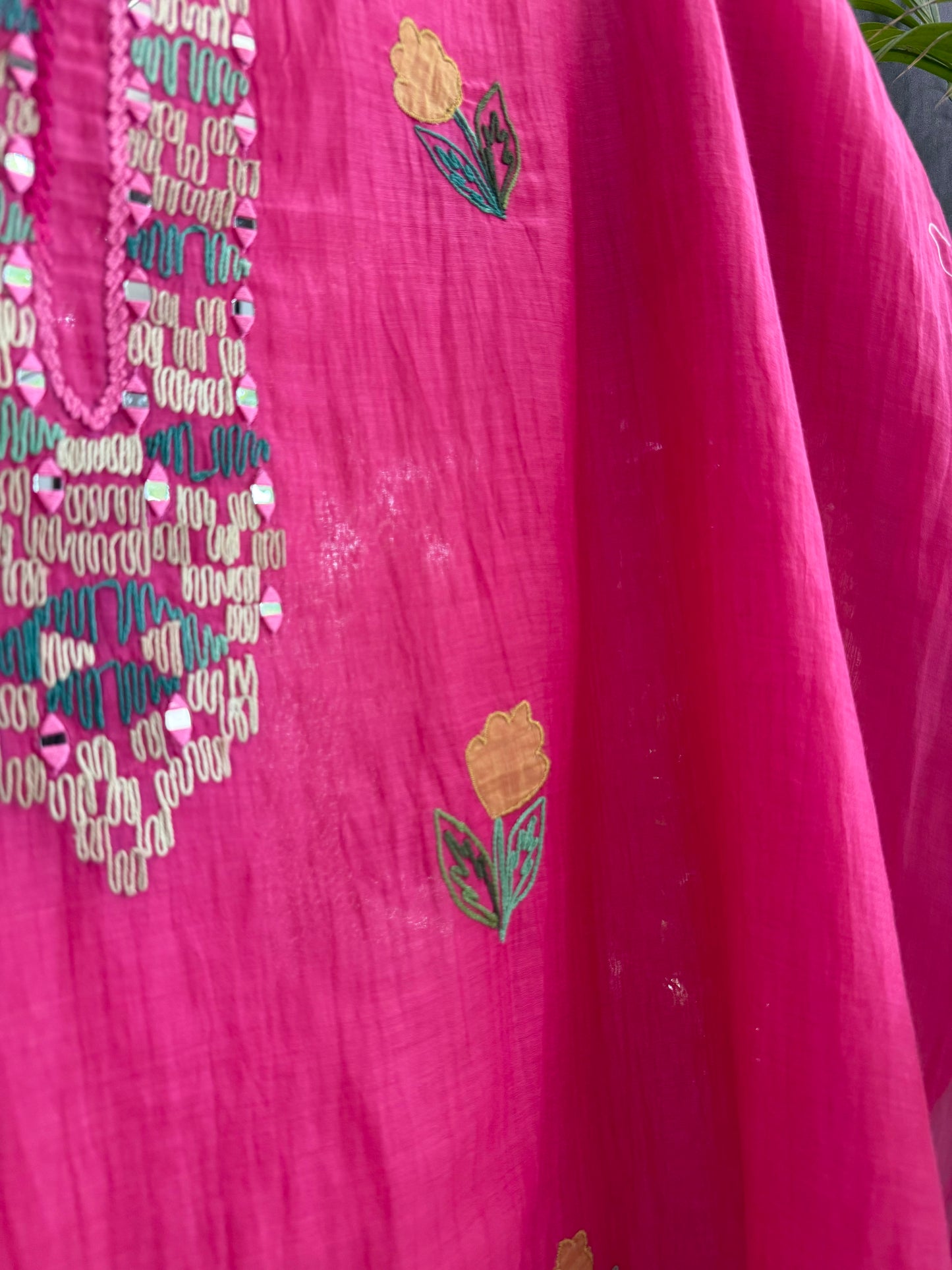 Luxurious Mul chanderi appliqué mirror work suit