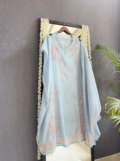 Luxurious Mul chanderi threadwork floral schiffili suit