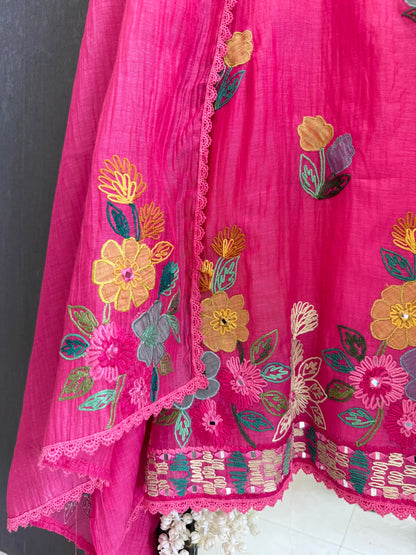 Luxurious Mul chanderi appliqué mirror work suit