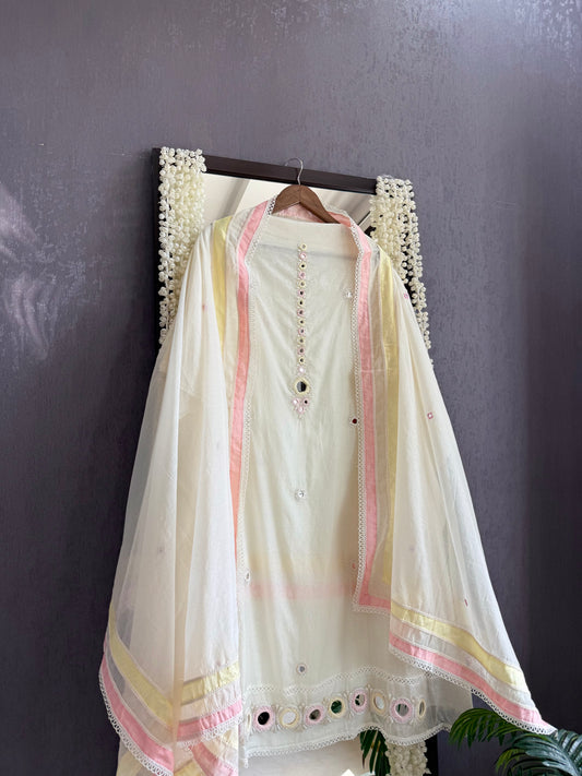 Luxurious Mul chanderi mirrorwork suit
