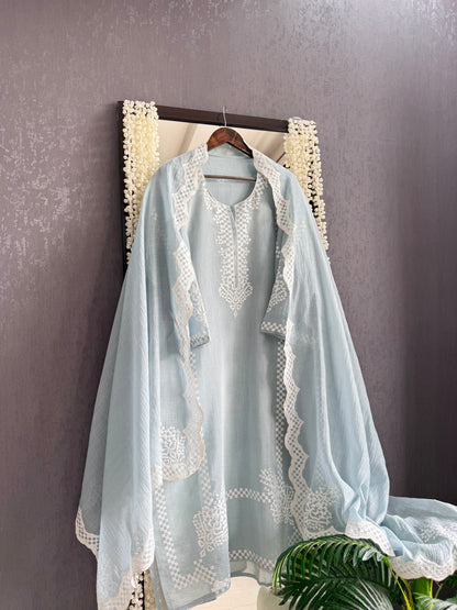 Luxurious Mul chanderi appliqué work suit