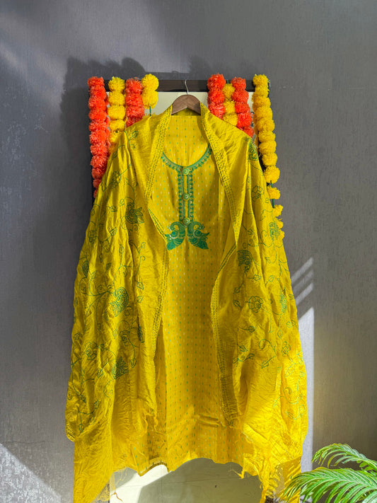 Ikkat cotton peacock embroidered suit
