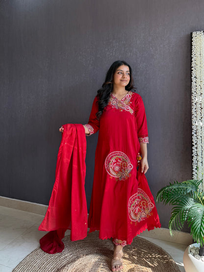 Premium mul cotton embroidered handwork Aline suit
