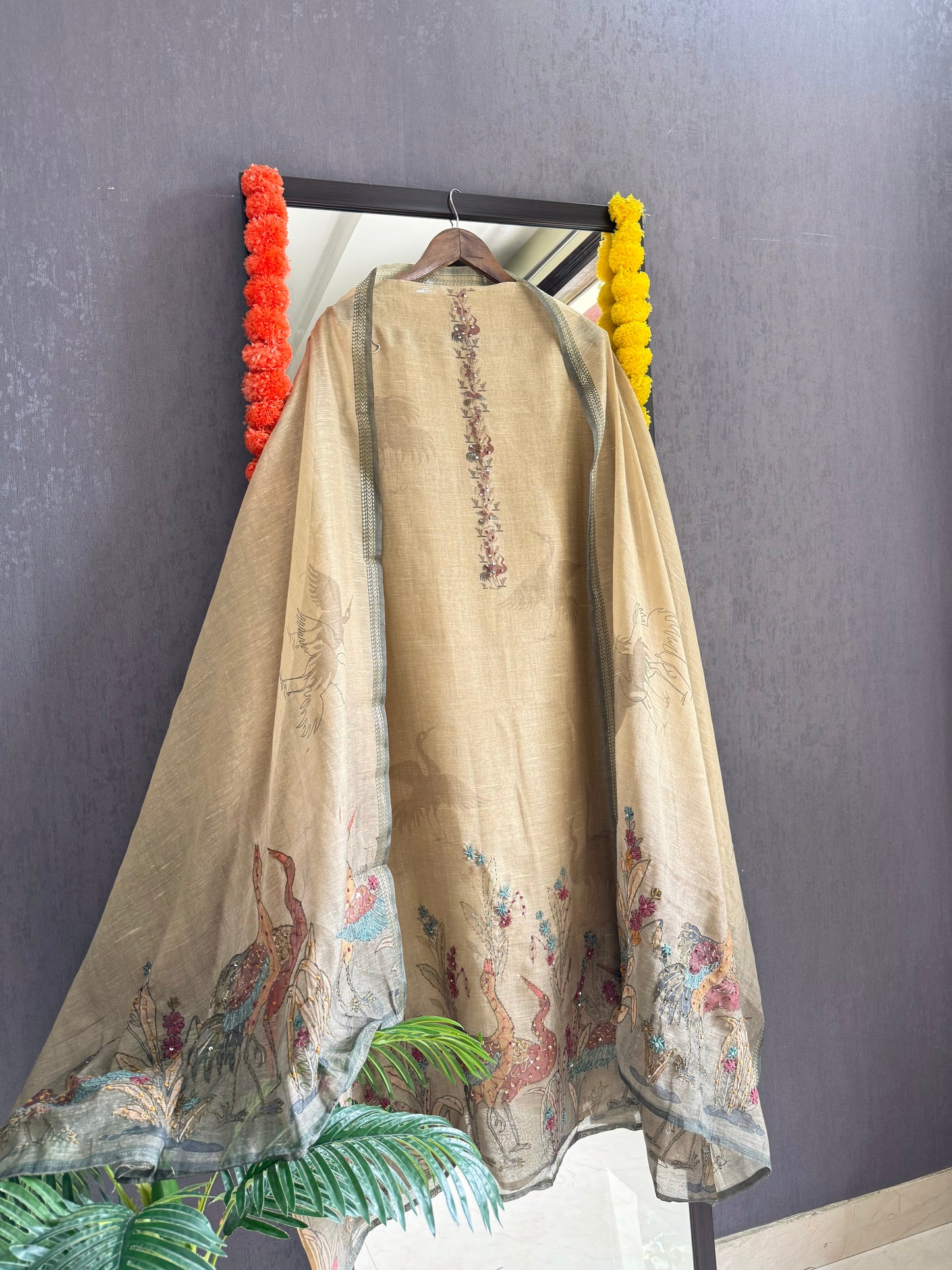 Pure linen birds frenchknot kantha work suit