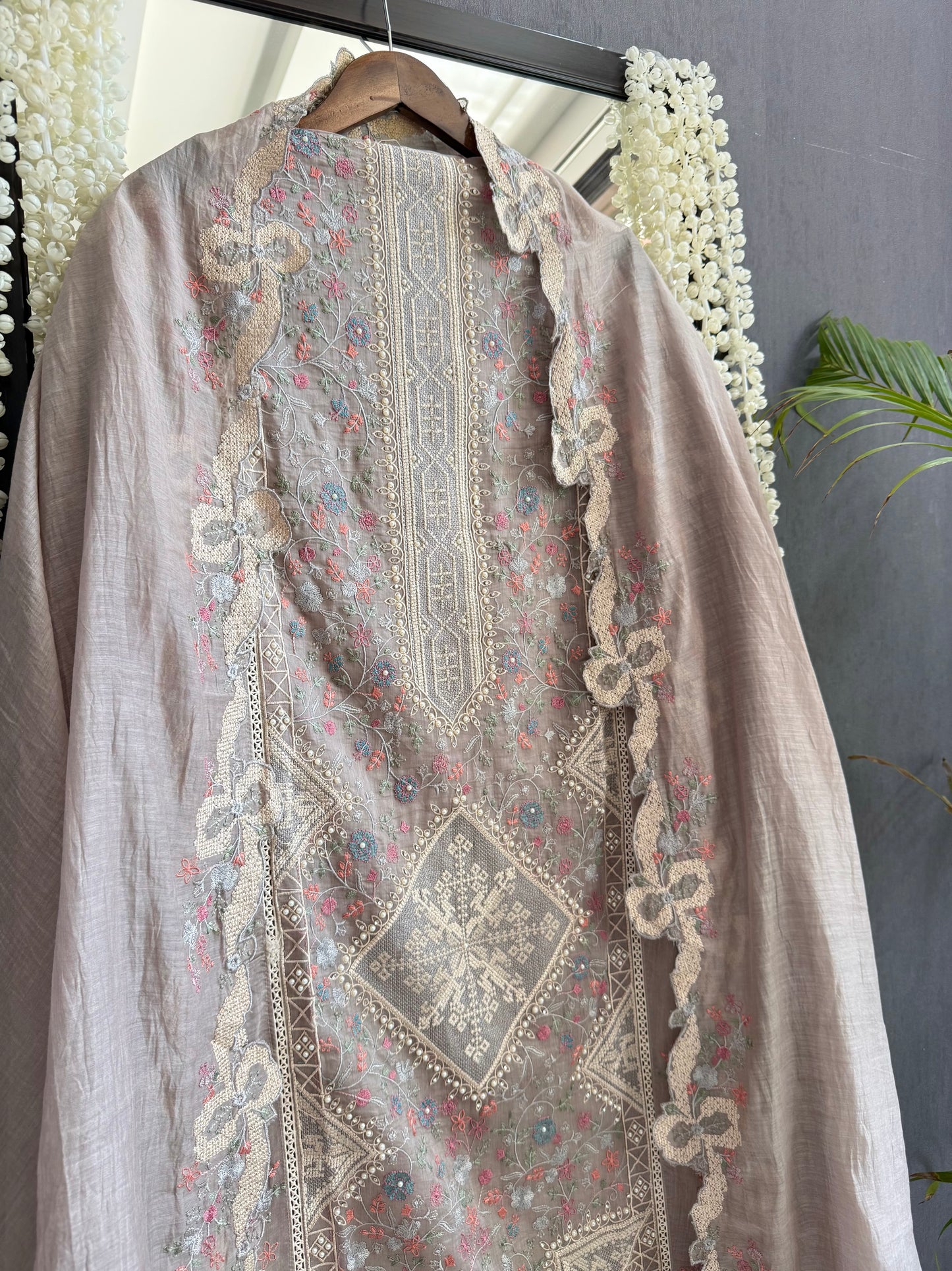 Luxurious Mul chanderi bow crossstitch suit