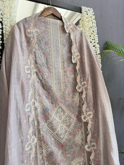 Luxurious Mul chanderi bow crossstitch suit