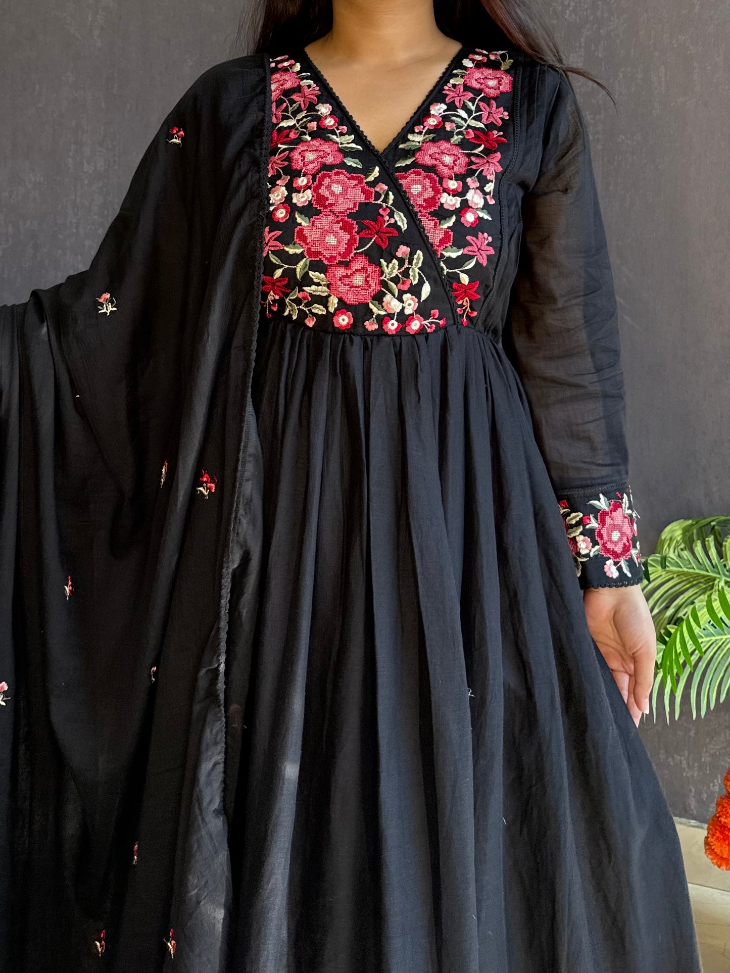 Mal cotton roses embroidered Anarkali