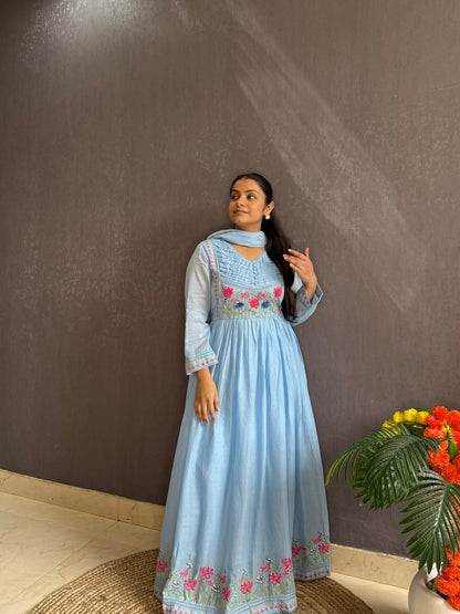 Mal cotton roses embroidered french knot Anarkali