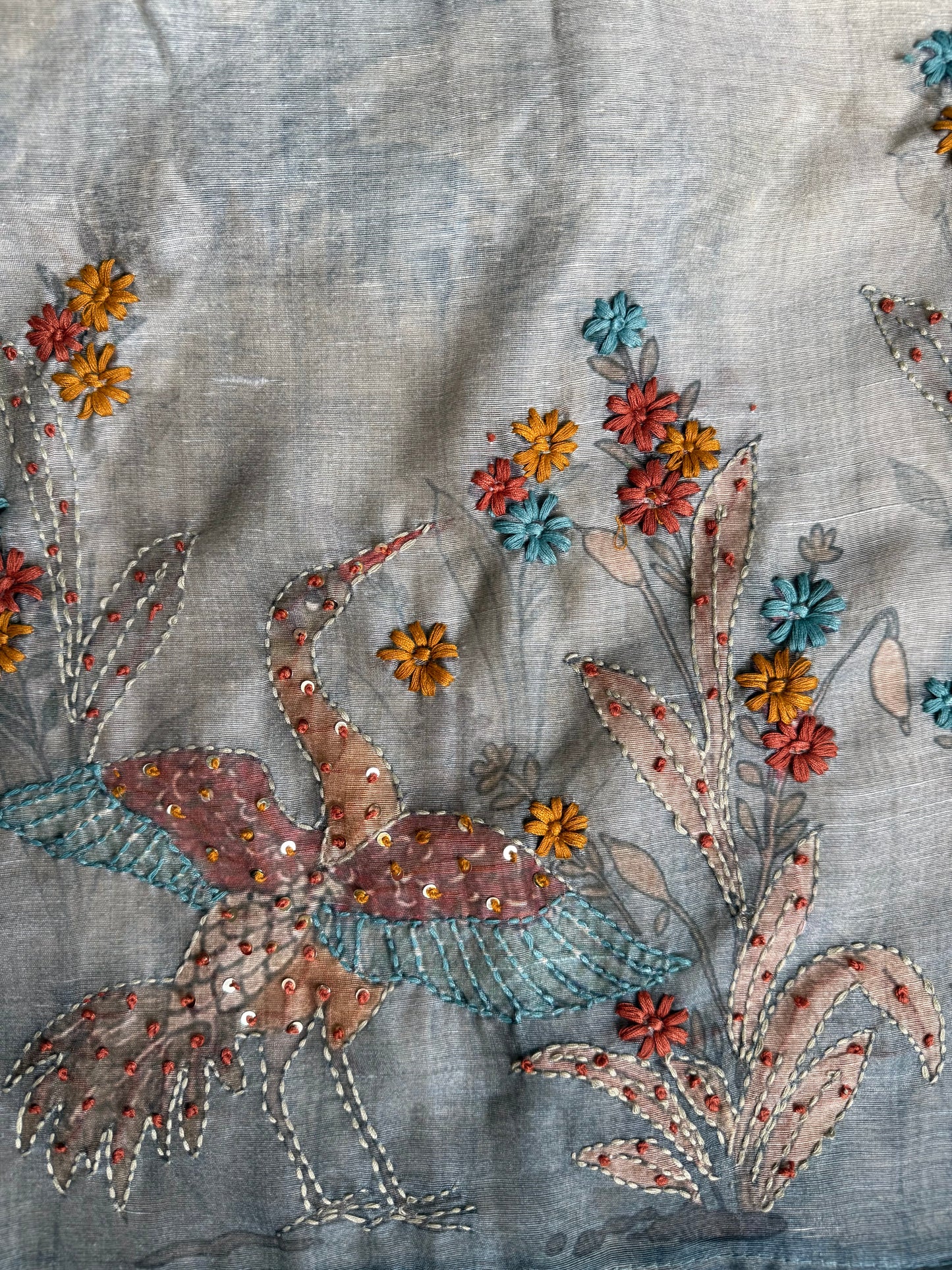 Pure linen birds frenchknot kantha work suit