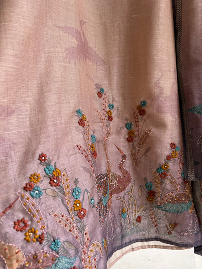 Pure linen birds frenchknot kantha work suit