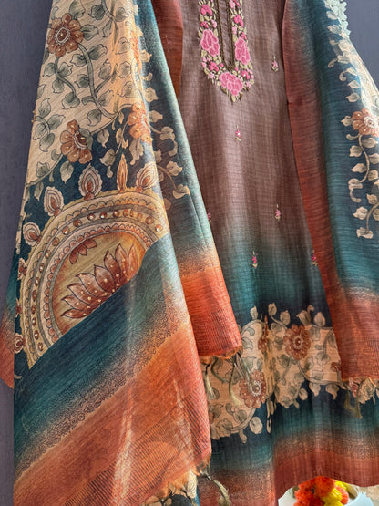 Pure linen frenchknot kalamkari suit