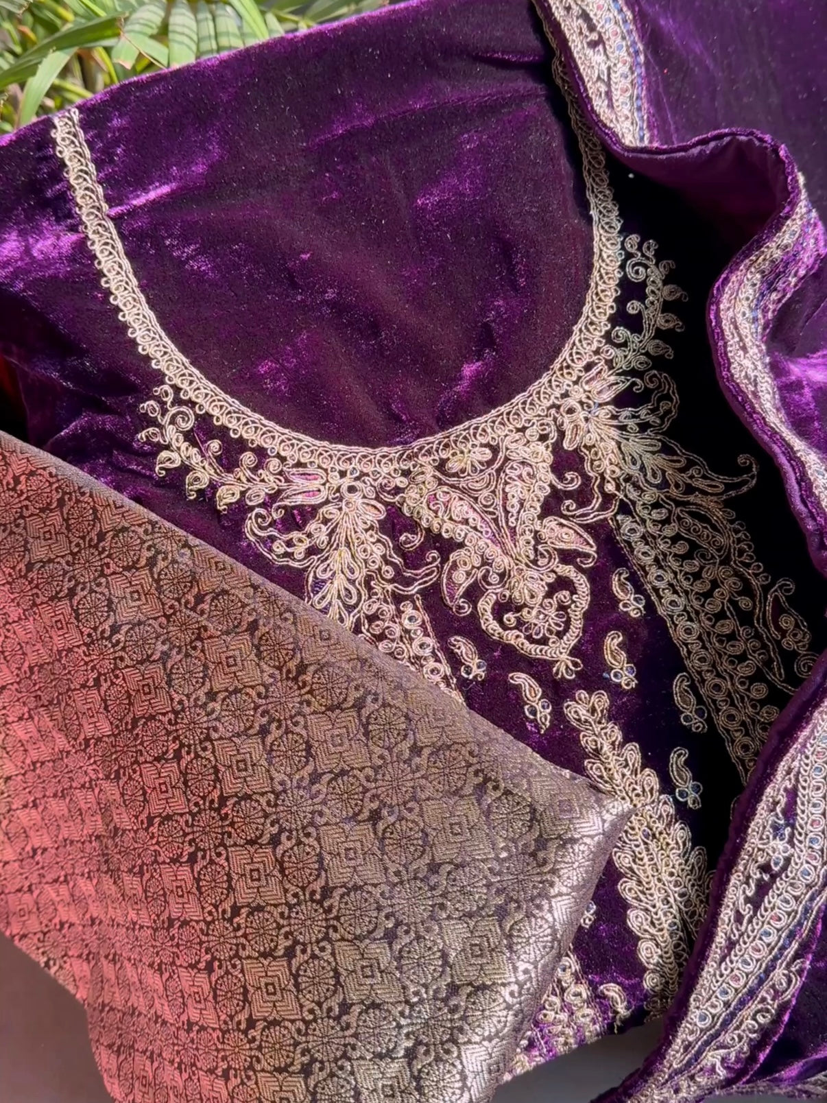 Velvet brocade marori aari work suit