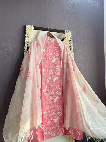 Cotton flamingos and birds embroidered suits