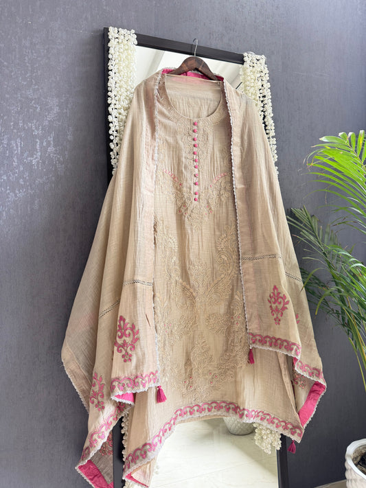 Luxurious Mul chanderi appliqué work suit