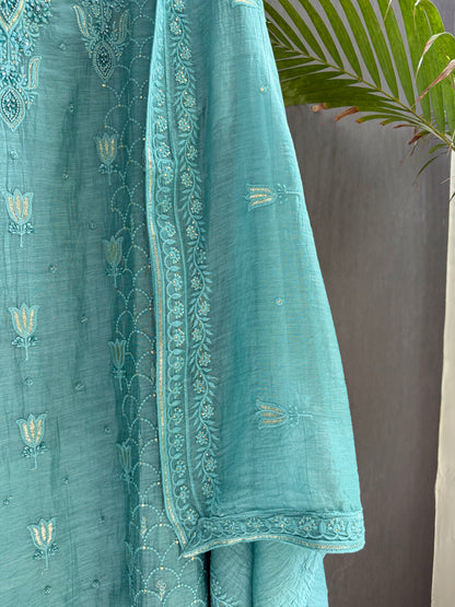 Luxurious Mul chanderi lucknowi tulip and hearts suit