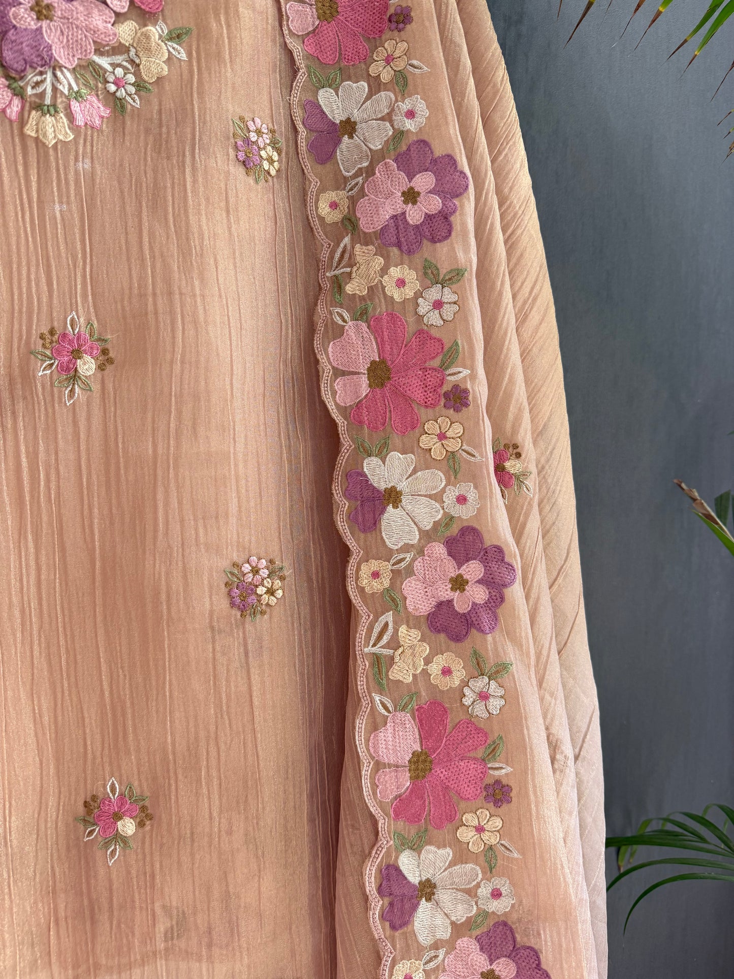 Luxurious Mul chanderi appliqué work floral suit