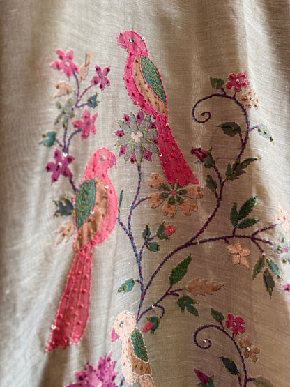 Pure linen birds frenchknot kantha work suit