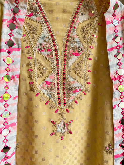 Luxurious sheesha aari work Tissue silk suit