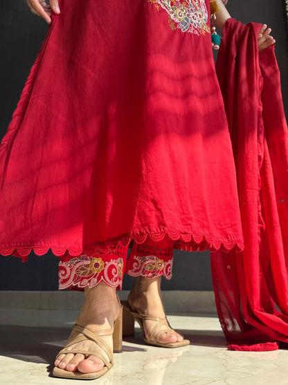 Premium mul cotton embroidered handwork Aline suit