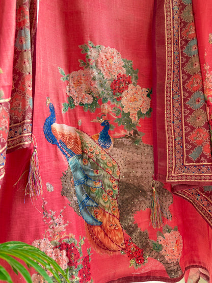 Pure linen peacock kantha work suit