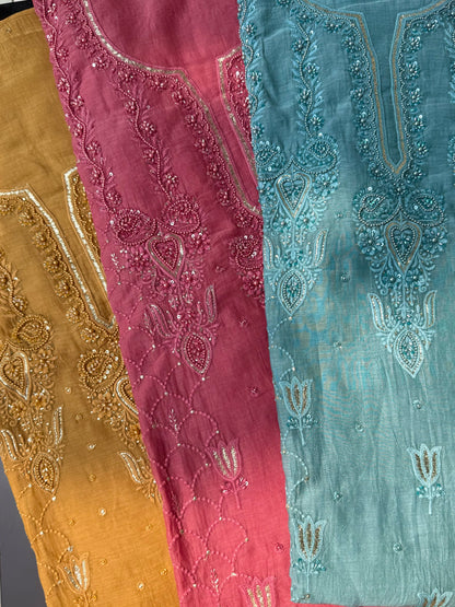 Luxurious Mul chanderi lucknowi tulip and hearts suit