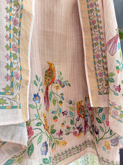 Linen birds kanthawork suit