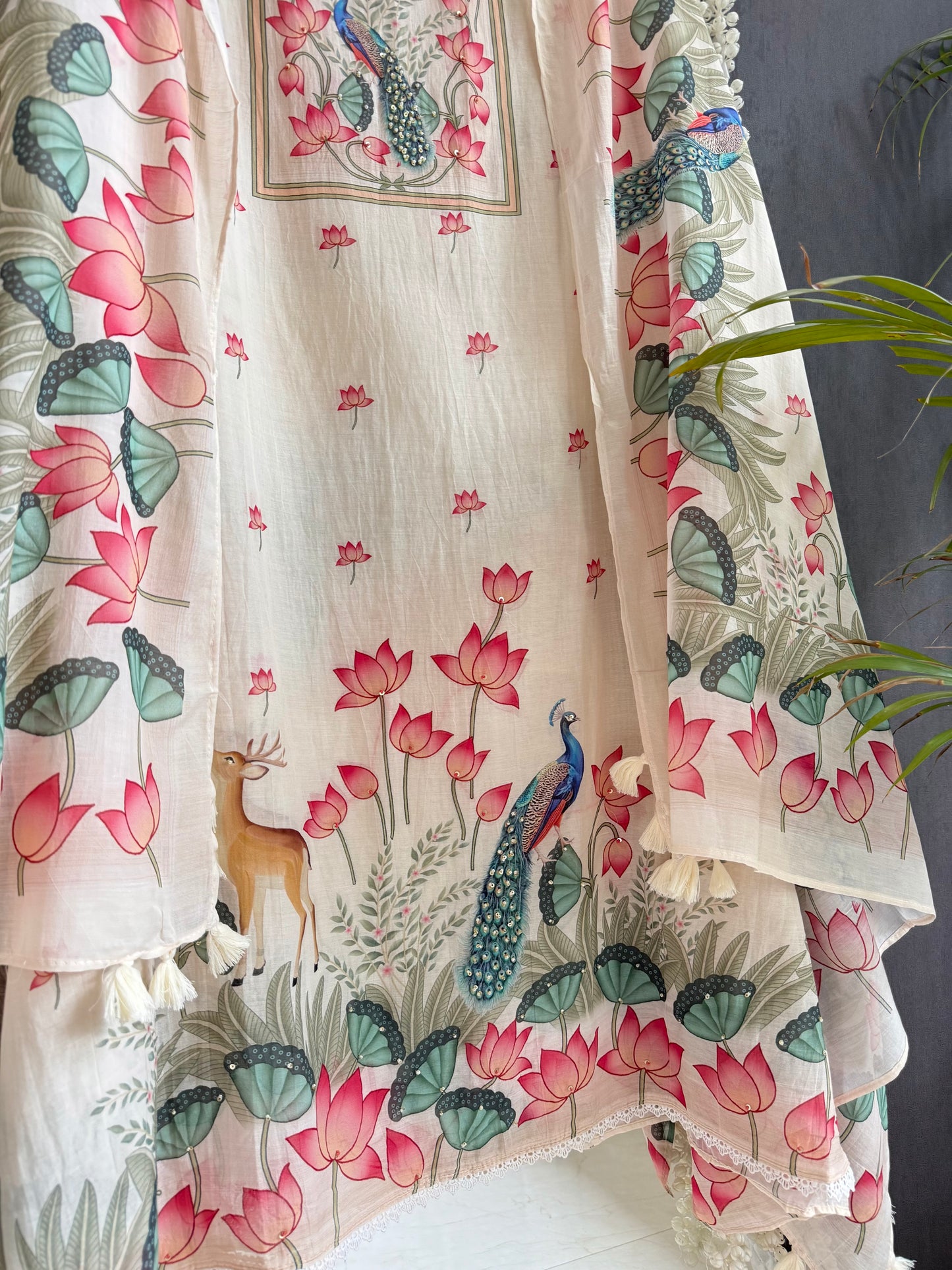Mulmul cotton deers peacock handwork suit