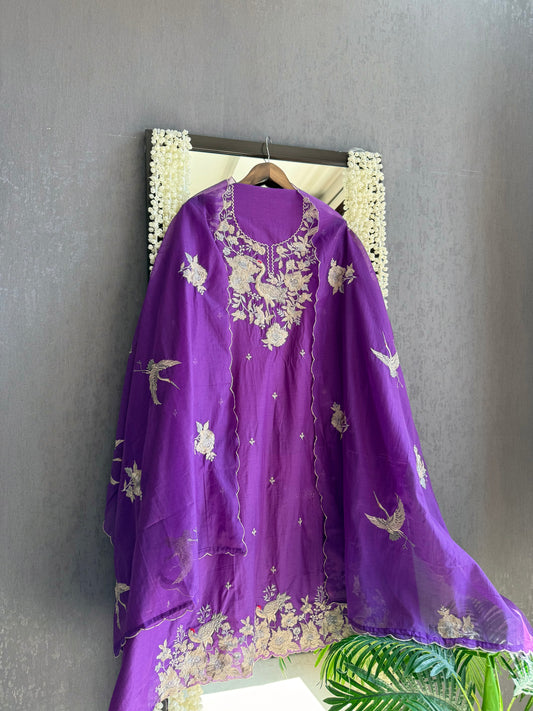 Chanderi parsi work flamingos suit