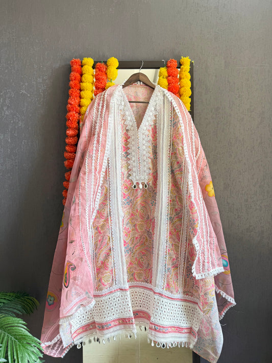 Premium Linen mirrorwork lacework suit