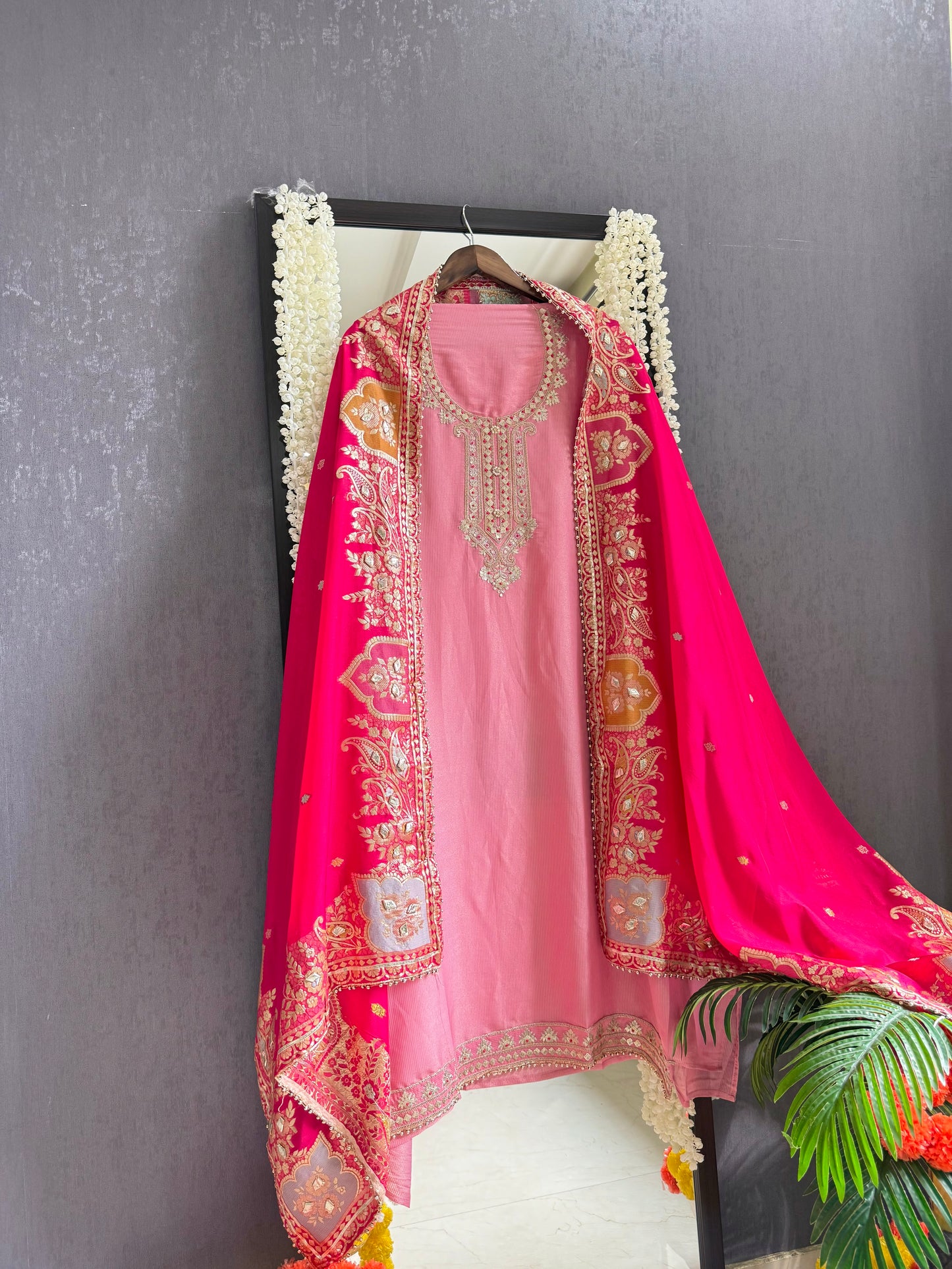 Tissue zari Aari work Meenakari suit