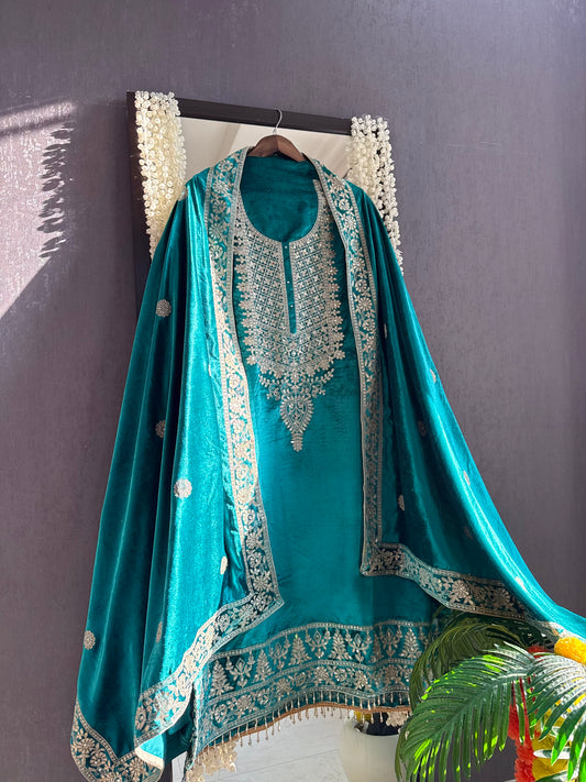 Velvet mirror aari work suit