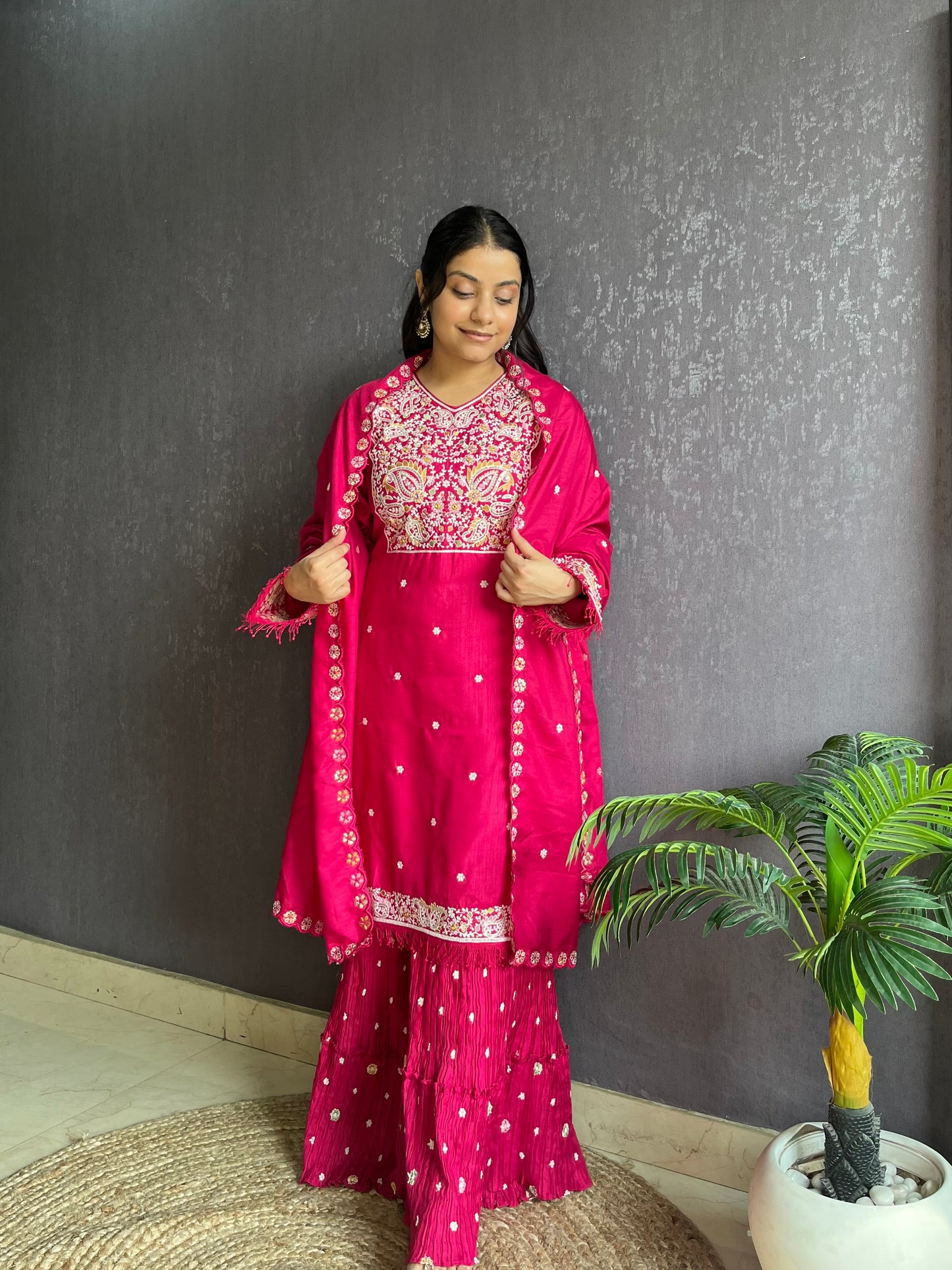Silk embroidered shrara  suit