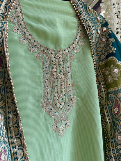 Tissue zari Aari work Meenakari suit