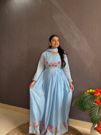 Mal cotton roses embroidered french knot Anarkali