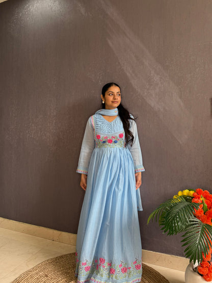Mal cotton roses embroidered french knot Anarkali