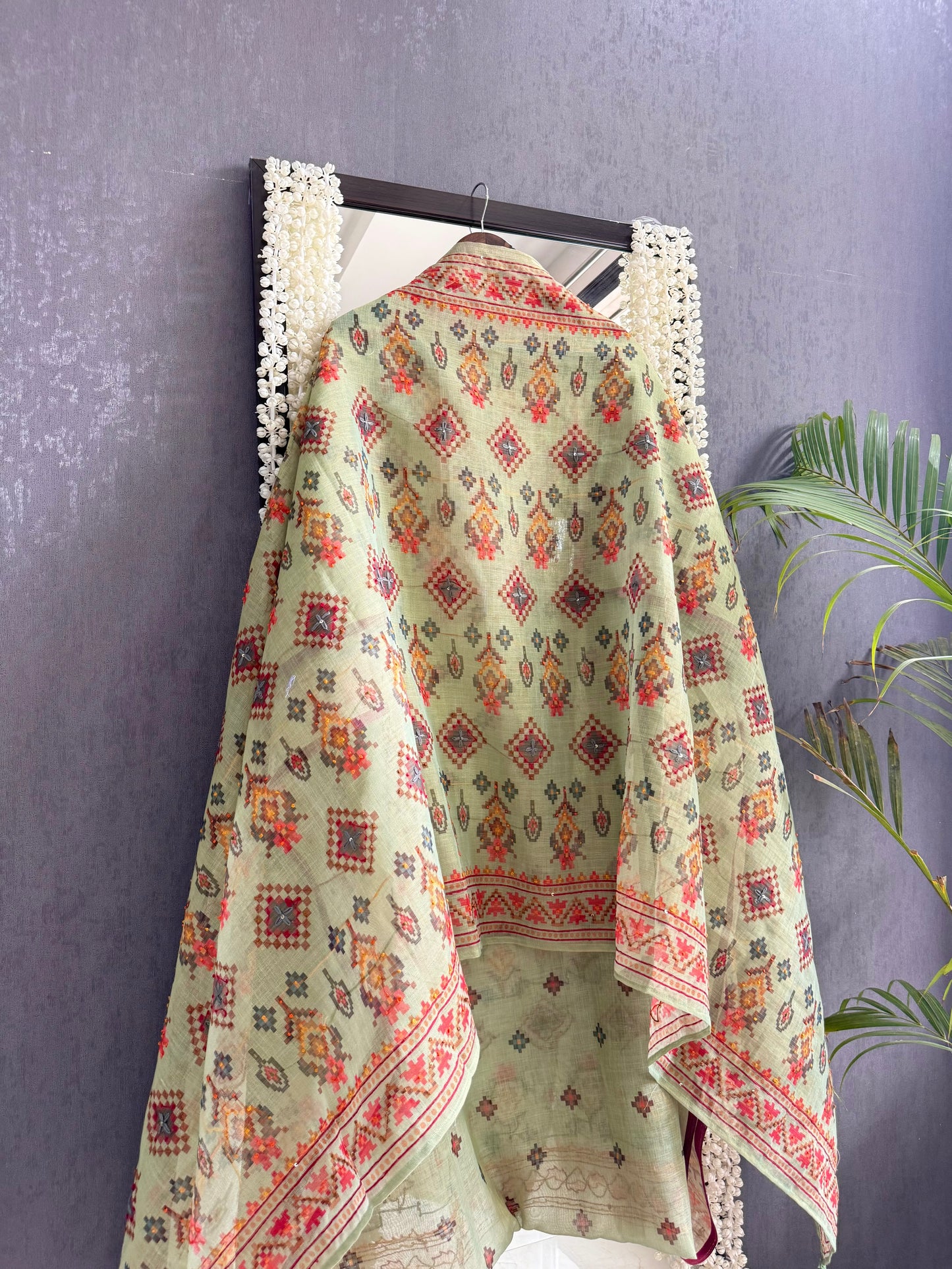 Linen ikkat Frenchknot kantha work suit