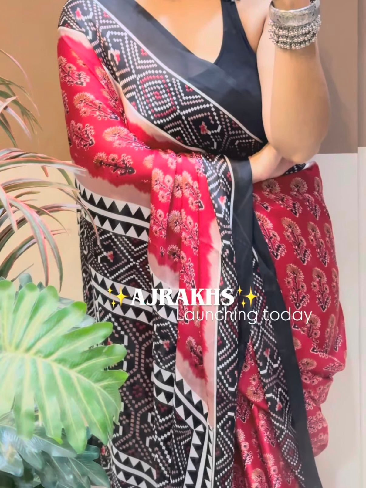 Satin crepe Ajrakh printed saree