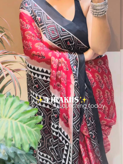 Satin crepe Ajrakh printed saree
