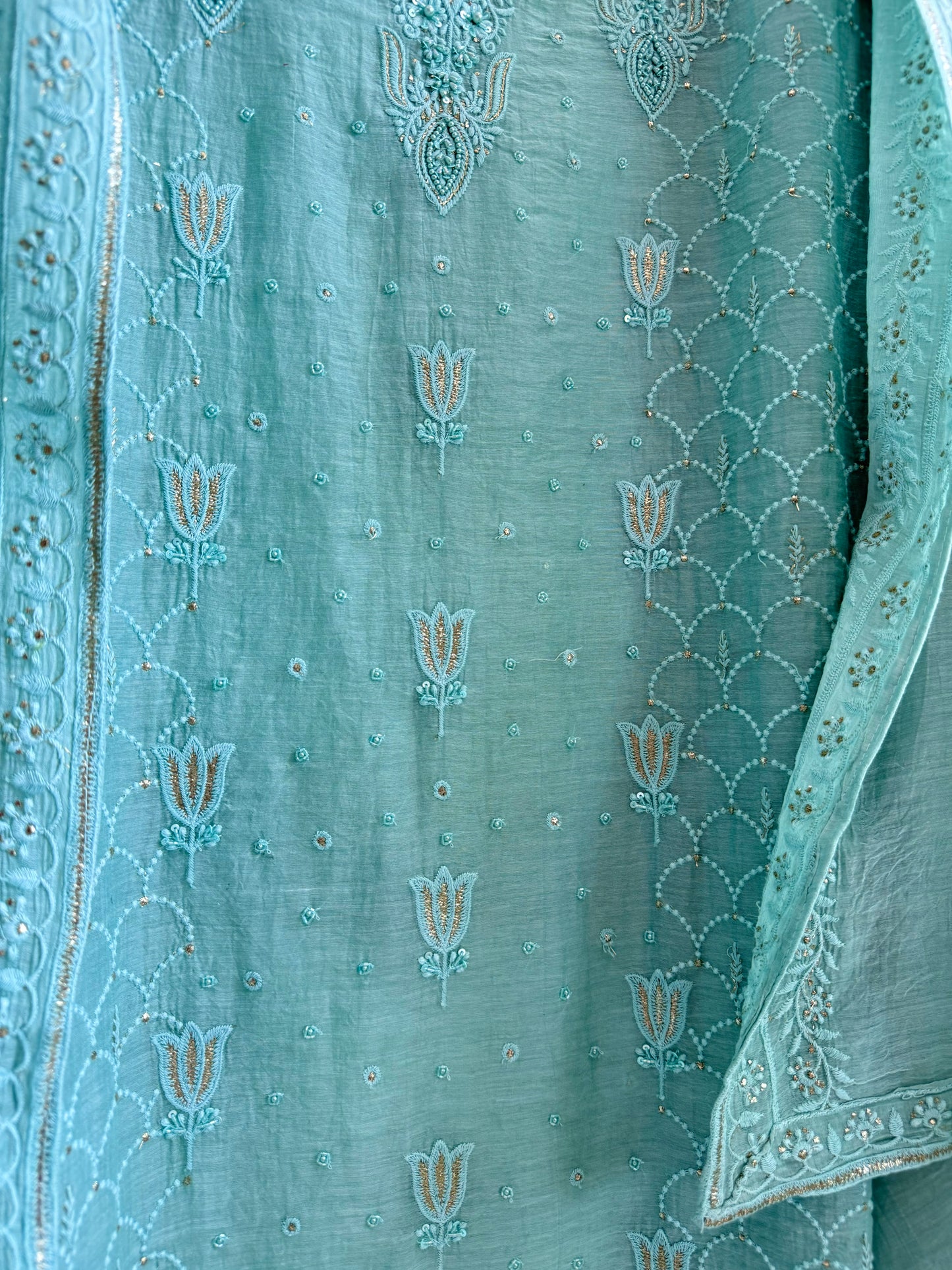 Luxurious Mul chanderi lucknowi lotus and hearts suit