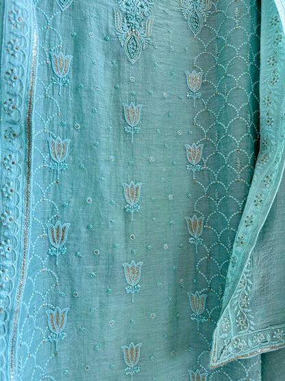 Luxurious Mul chanderi lucknowi lotus and hearts suit