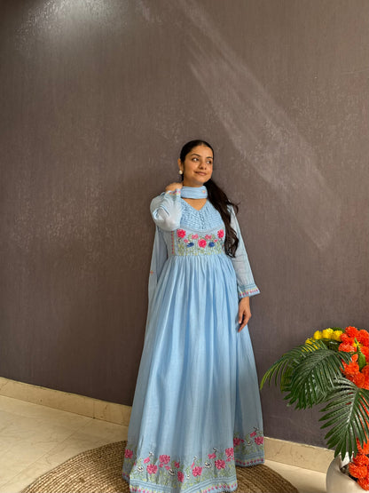 Mal cotton roses embroidered french knot Anarkali