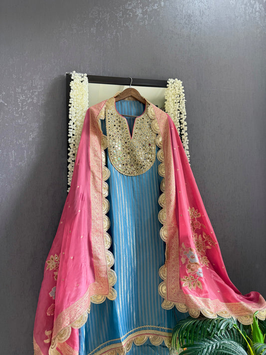Premium Mirror work tissue benarsi suit