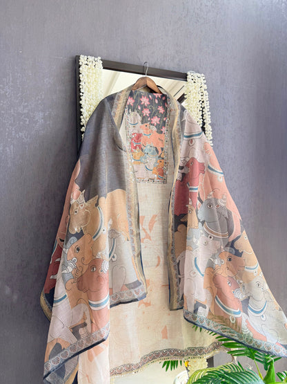 Linen jamdani pichwai suit