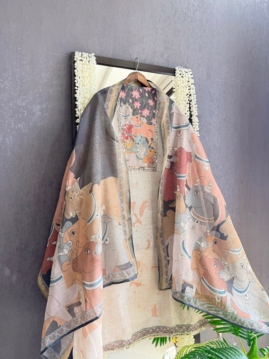 Linen jamdani pichwai suit